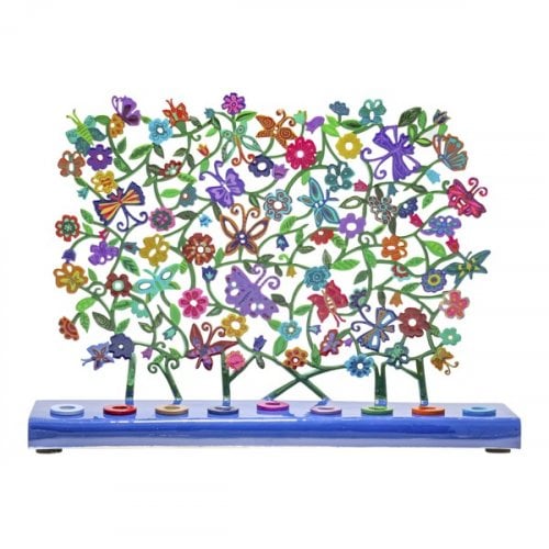 Yair Emanuel Hand Painted Chanukah Menorah, Butterflies and Flowers