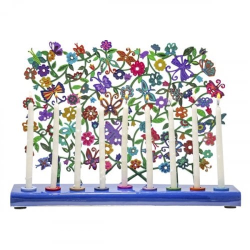 Yair Emanuel Hand Painted Chanukah Menorah, Butterflies and Flowers