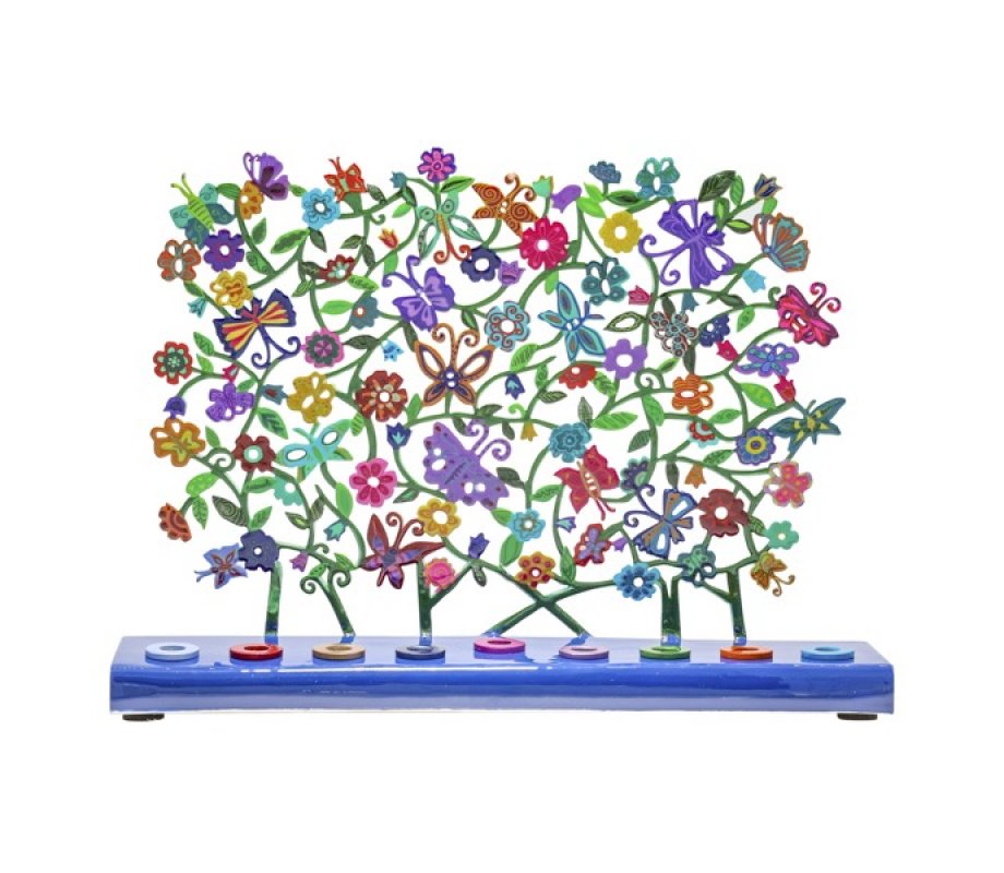 Yair Emanuel Hand Painted Chanukah Menorah, Butterflies and Flowers
