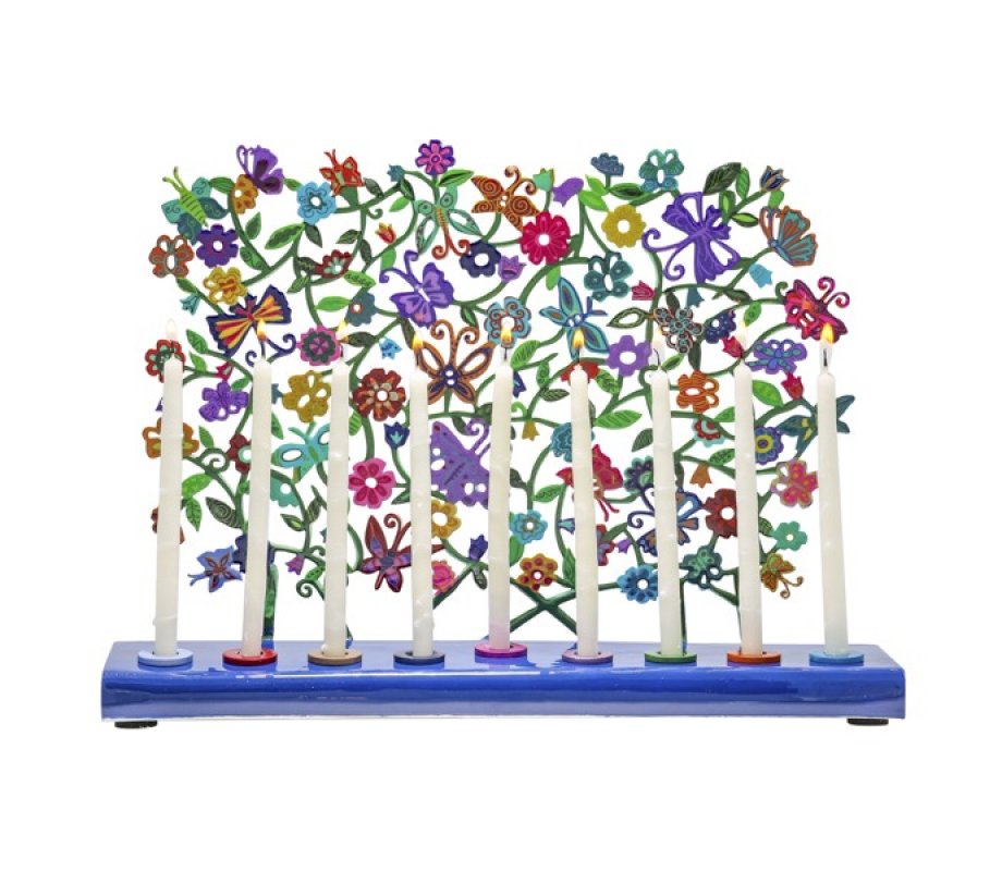 Yair Emanuel Hand Painted Chanukah Menorah, Butterflies and Flowers