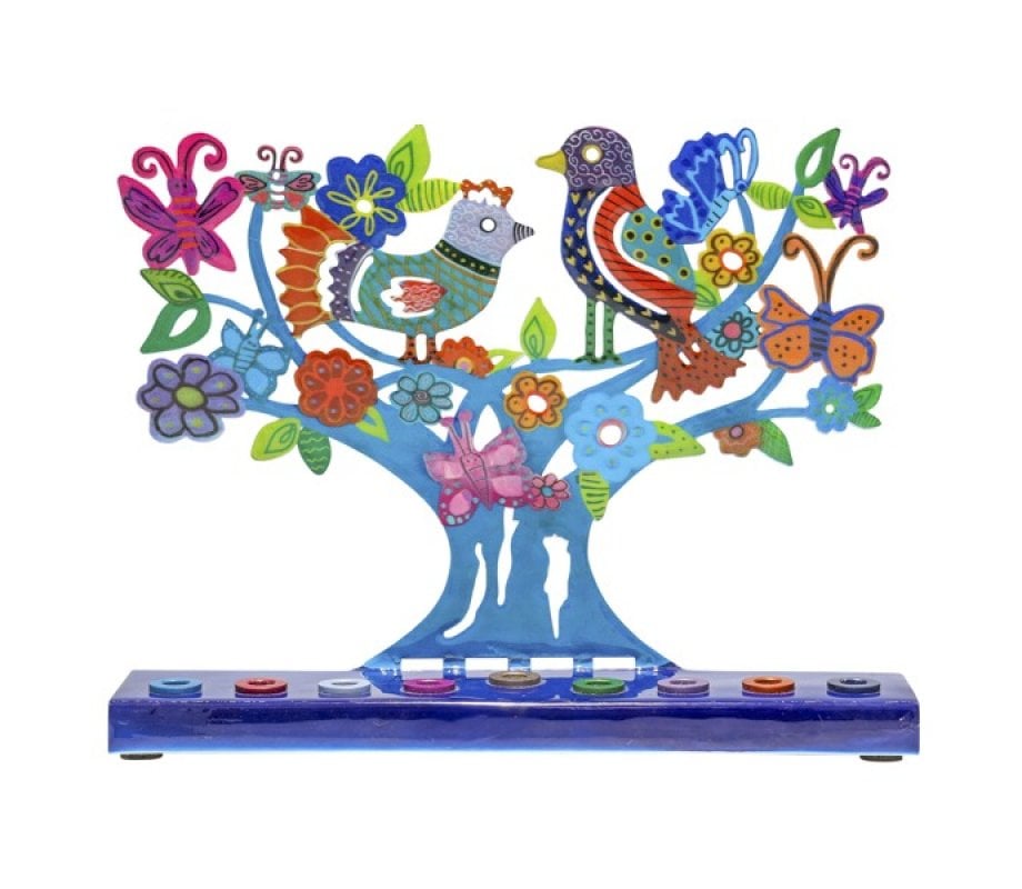 Yair Emanuel Hand Painted Chanukah Menorah, Colored Birds Flowers & Butterflies