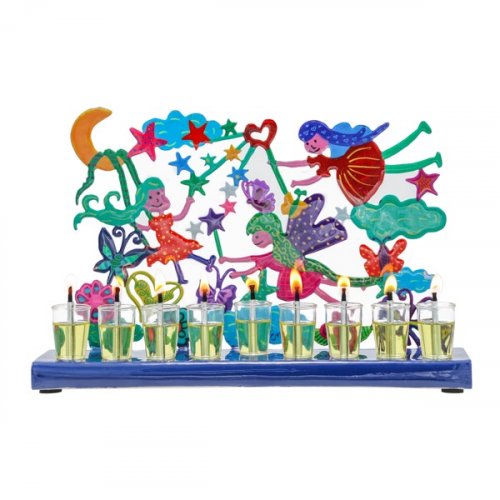 Yair Emanuel Hand Painted Chanukah Menorah, Colorful Fairy Images