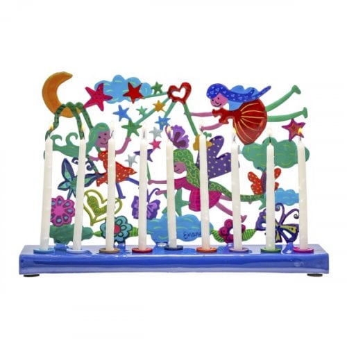 Yair Emanuel Hand Painted Chanukah Menorah, Colorful Fairy Images