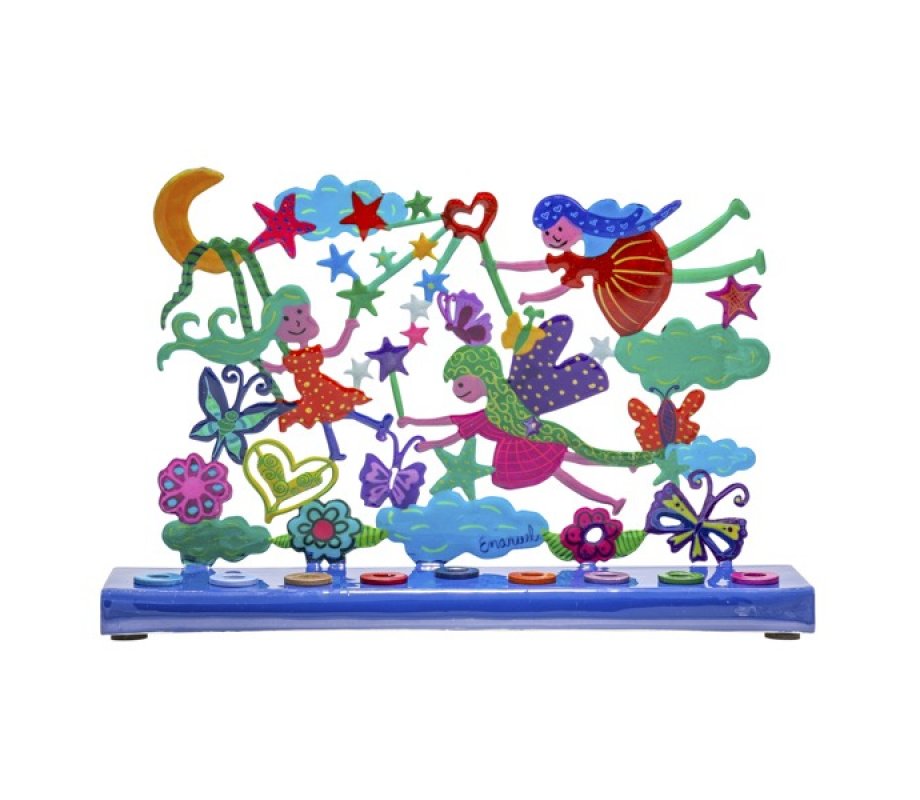 Yair Emanuel Hand Painted Chanukah Menorah, Colorful Fairy Images