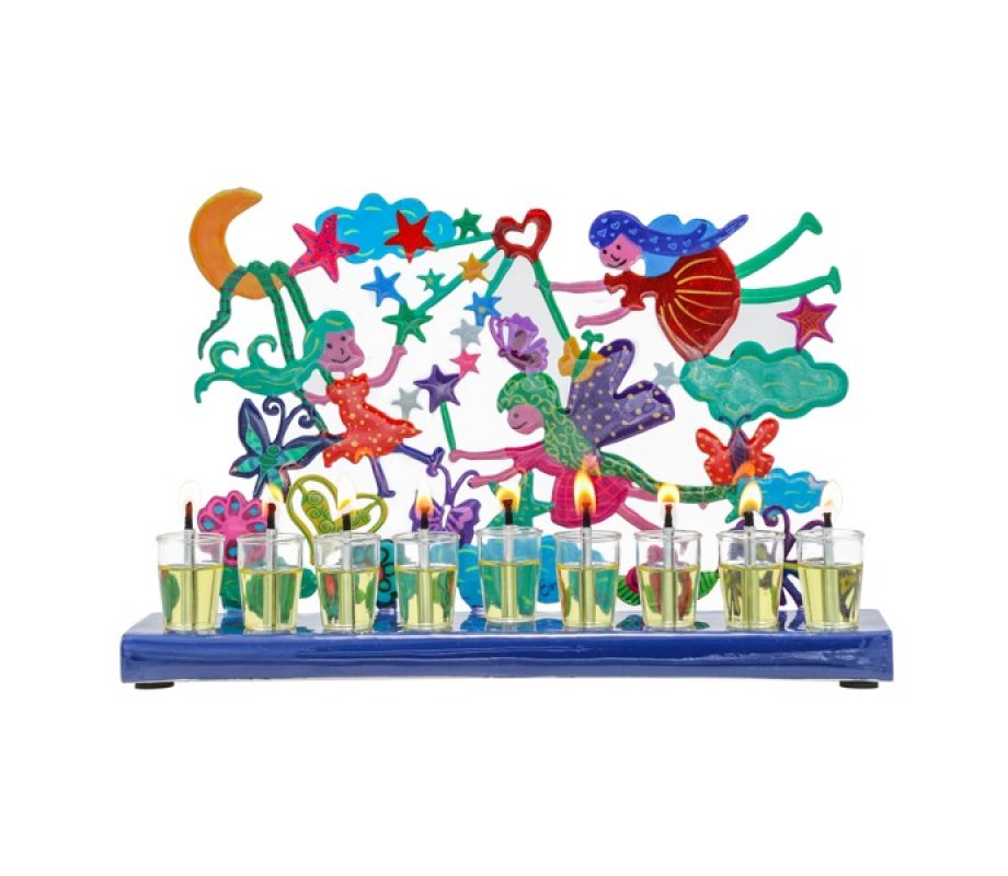 Yair Emanuel Hand Painted Chanukah Menorah, Colorful Fairy Images