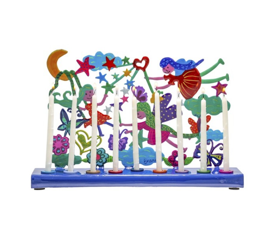 Yair Emanuel Hand Painted Chanukah Menorah, Colorful Fairy Images