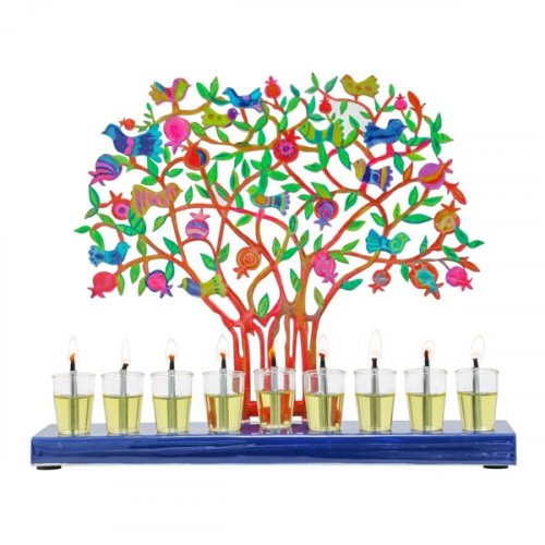 Yair Emanuel Hand Painted Chanukah Menorah, Colorful Pomegranate Tree and Birds