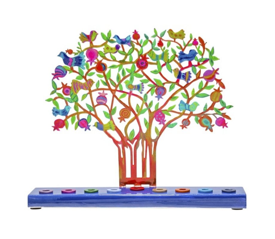 Yair Emanuel Hand Painted Chanukah Menorah, Colorful Pomegranate Tree and Birds