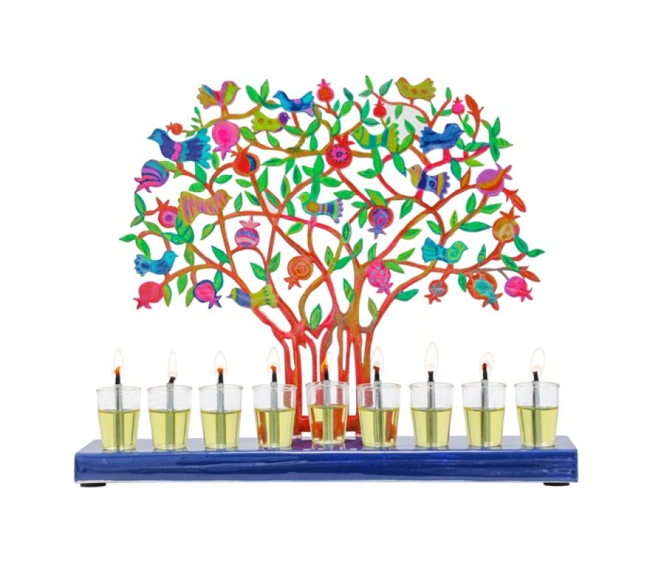 Yair Emanuel Hand Painted Chanukah Menorah, Colorful Pomegranate Tree and Birds