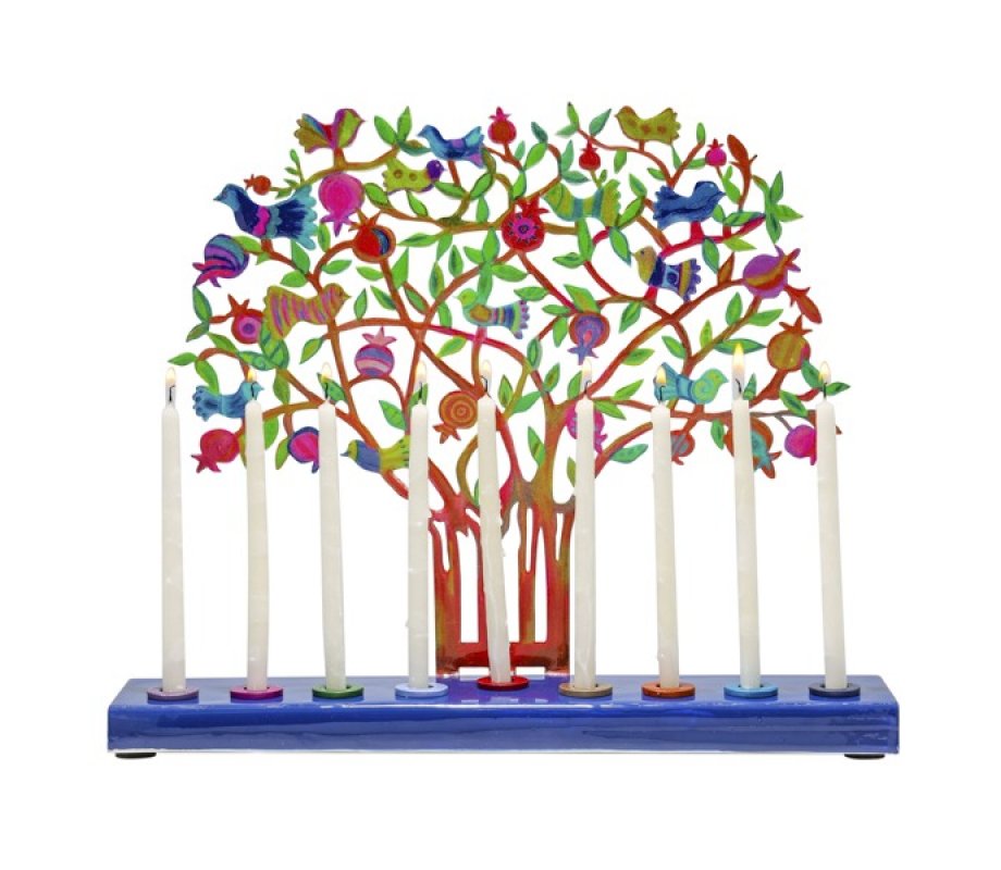 Yair Emanuel Hand Painted Chanukah Menorah, Colorful Pomegranate Tree and Birds