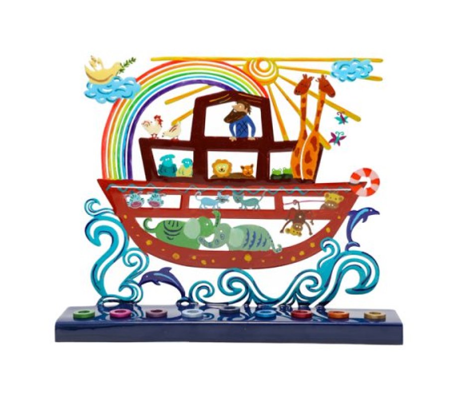 Yair Emanuel Hand Painted Chanukah Menorah, Noahs Ark with Rainbow and Animals