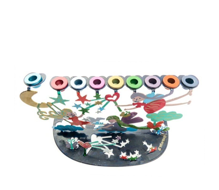 Yair Emanuel Hand Painted Chanukah Menorah, Youthful Wonderland Scene