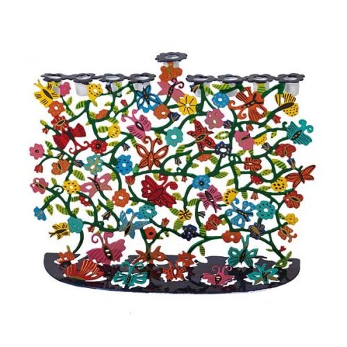 Yair Emanuel Hand Painted Colorful Hanukkah Menorah - Flowers and Butterflies
