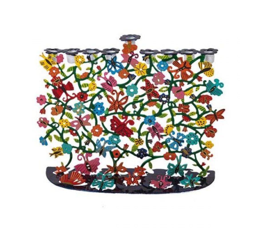 Yair Emanuel Hand Painted Colorful Hanukkah Menorah - Flowers and Butterflies