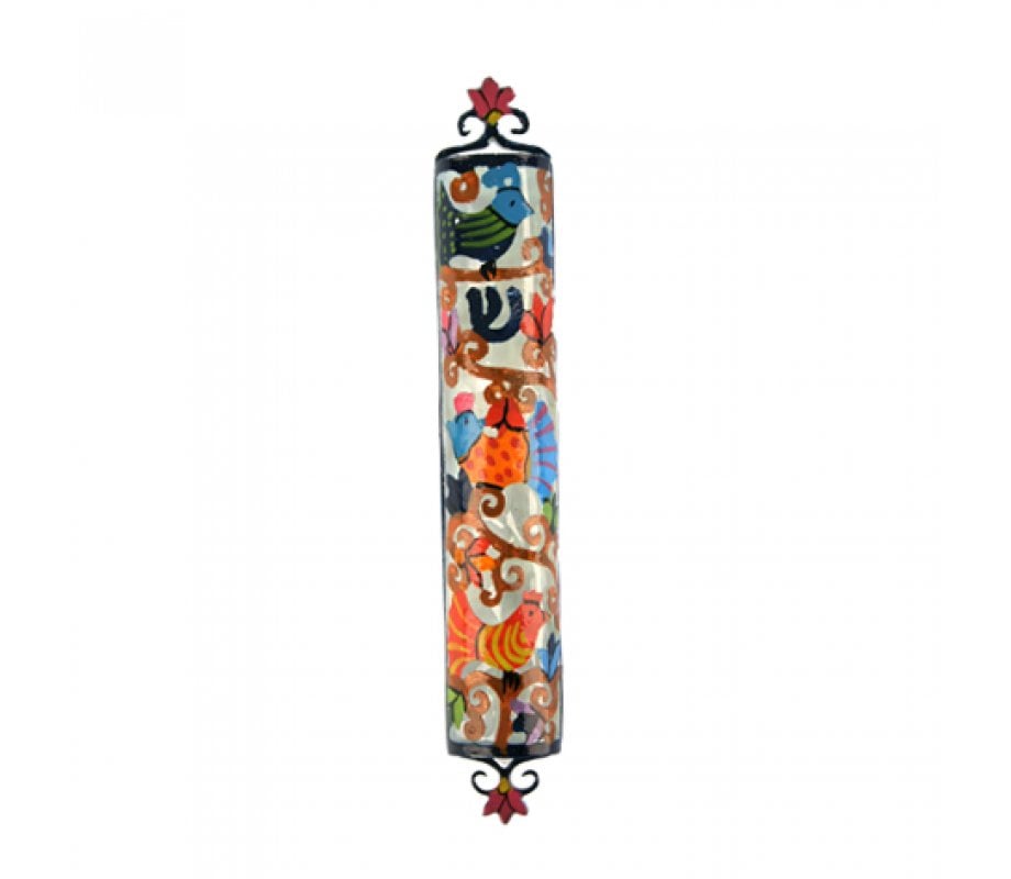 Yair Emanuel Hand Painted Colorful Laser Cut Metal Mezuzah Case - Birds