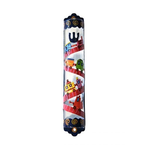 Yair Emanuel Hand Painted Colorful Laser Cut Metal Mezuzah Case - Children's Train Design