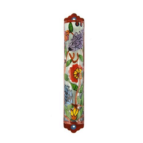 Yair Emanuel Hand Painted Colorful Laser Cut Metal Mezuzah Case - Flowers