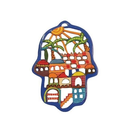 Yair Emanuel Hand Painted Colorful Laser Cut Wall Hamsa - Jerusalem