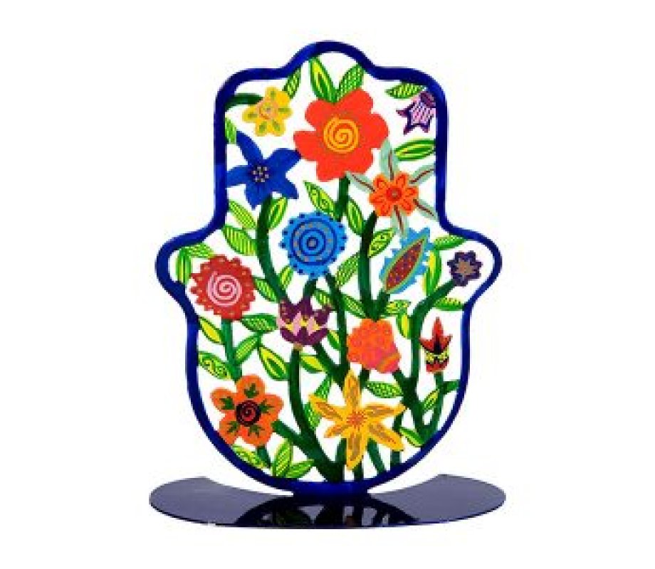 Yair Emanuel Hand Painted Hamsa on Stand, Large – Colorful Flowers