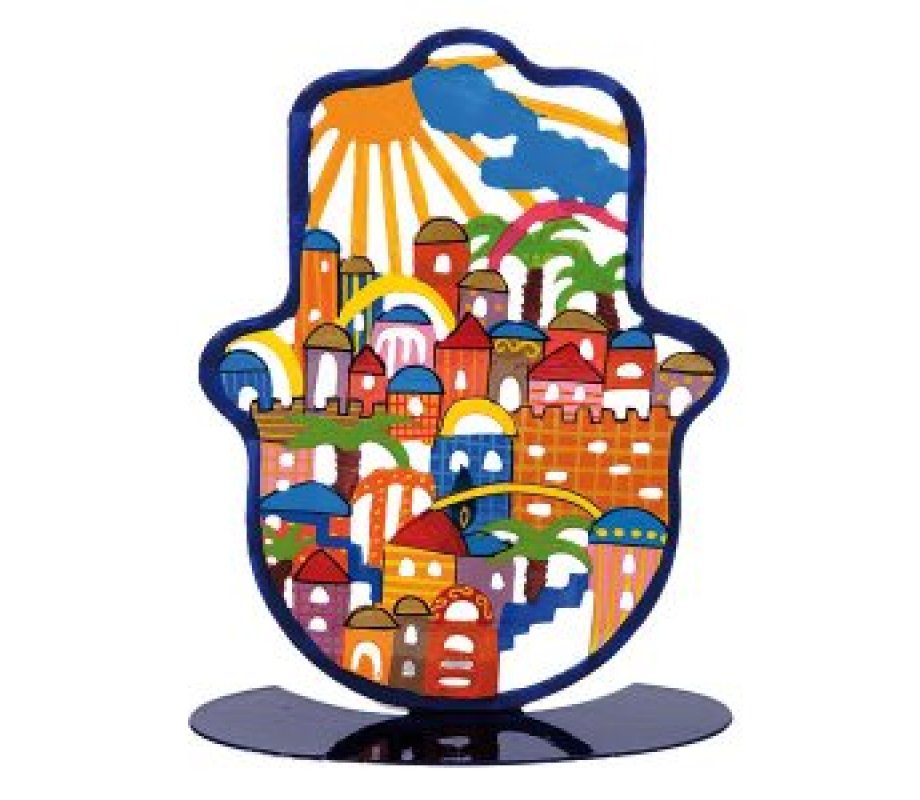 Yair Emanuel Hand Painted Hamsa on Stand, Large - Colorful Jerusalem Images