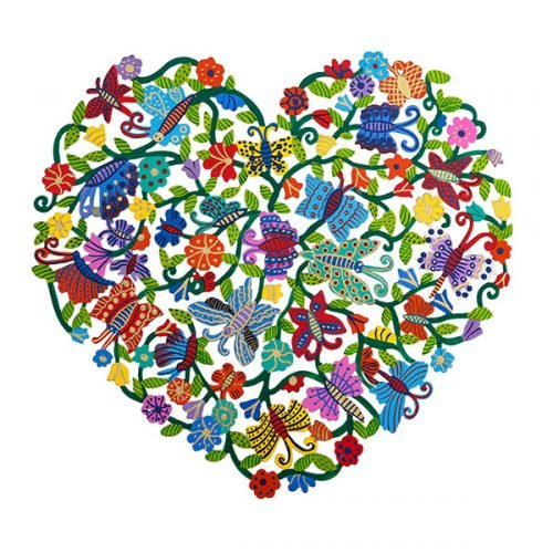 Yair Emanuel Hand Painted Heart Shape Wall Hanging - Flowers and Butterflies