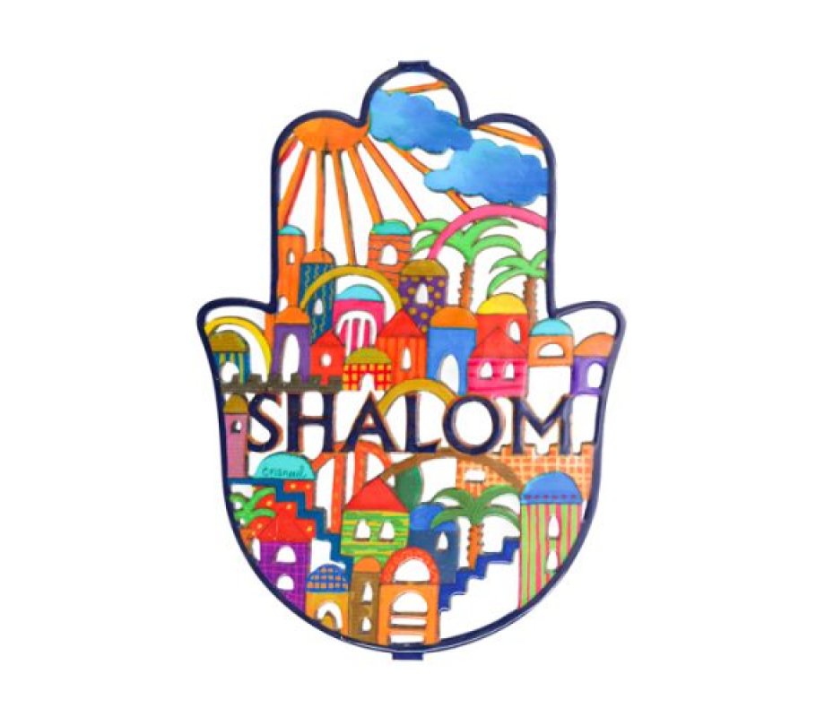 Yair Emanuel Hand Painted Large Hamsa Wall Decor, Jerusalem and Shalom - English