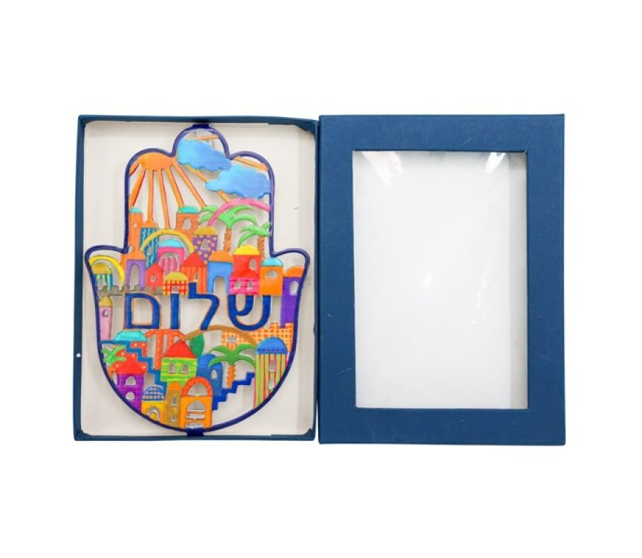 Yair Emanuel Hand Painted Large Wall Hamsa, Jerusalem Shalom Design