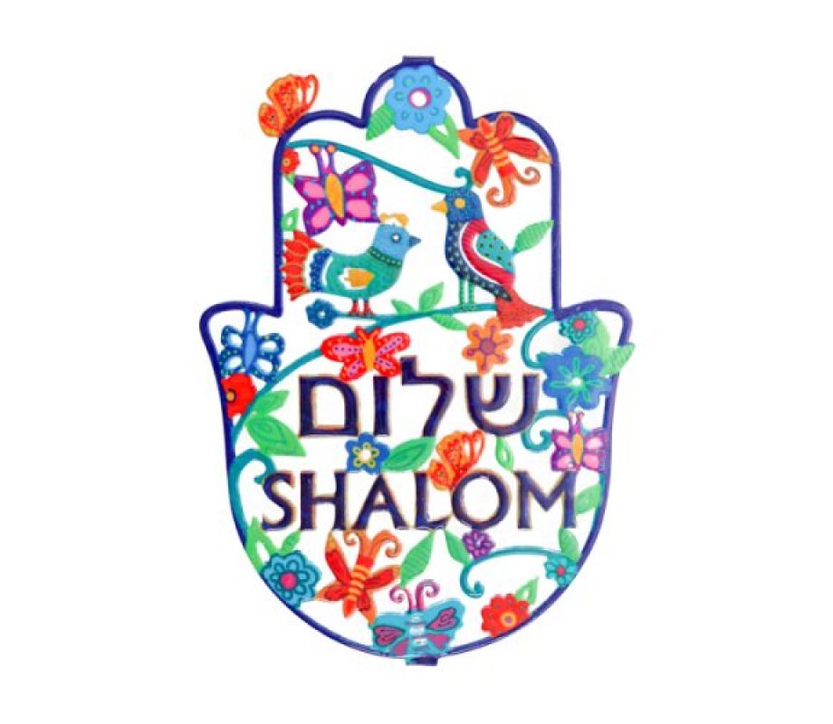 Yair Emanuel Hand Painted Large Wall Hamsa, Spring - Shalom in Hebrew & English