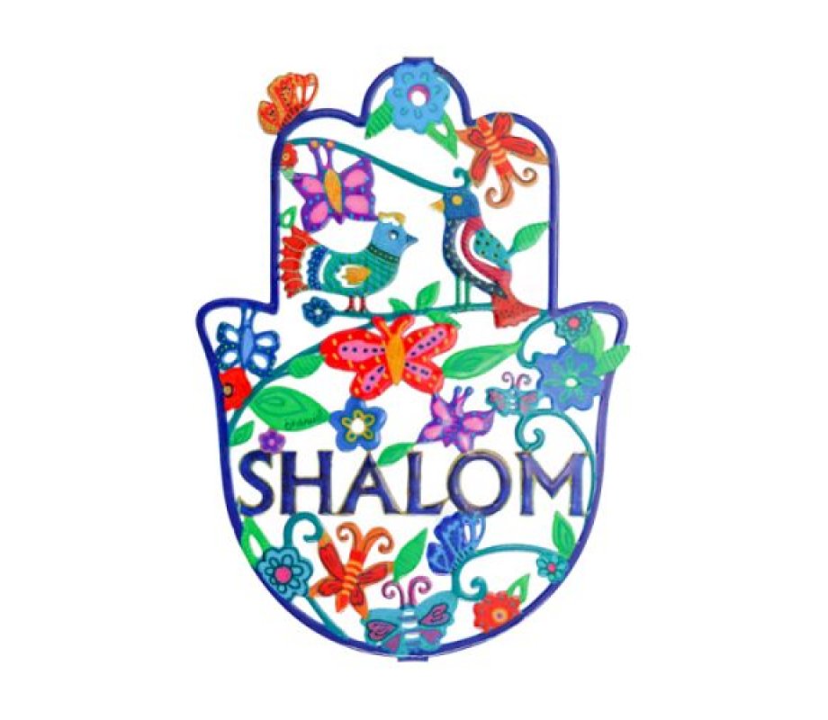 Yair Emanuel Hand Painted Large Wall Hamsa, Spring Scene with Shalom in English