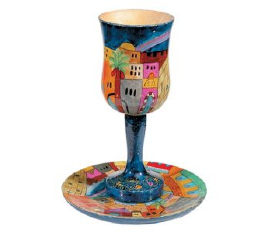 Yair Emanuel Hand Painted Large Wood Kiddush Cup with Coaster - Jerusalem Views