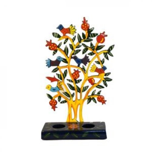 Yair Emanuel Hand Painted Laser Cut Candlesticks  Pomegranate Tree and Birds