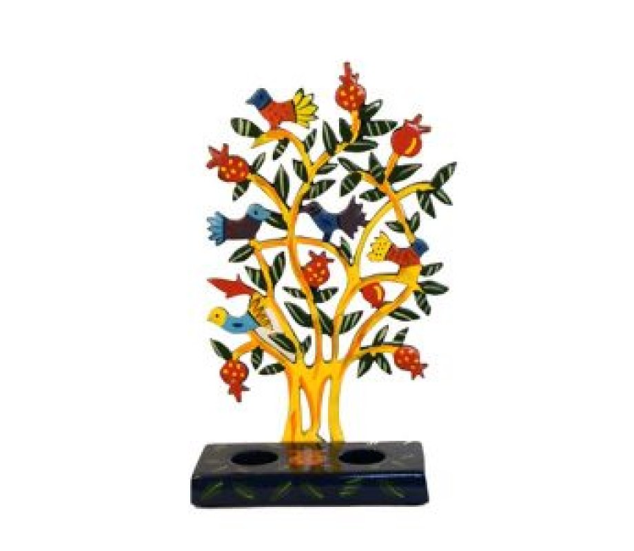 Yair Emanuel Hand Painted Laser Cut Candlesticks – Pomegranate Tree and Birds