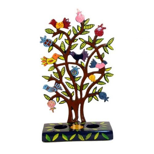 Yair Emanuel Hand Painted Laser Cut Candlesticks  Pomegranate Tree with Birds