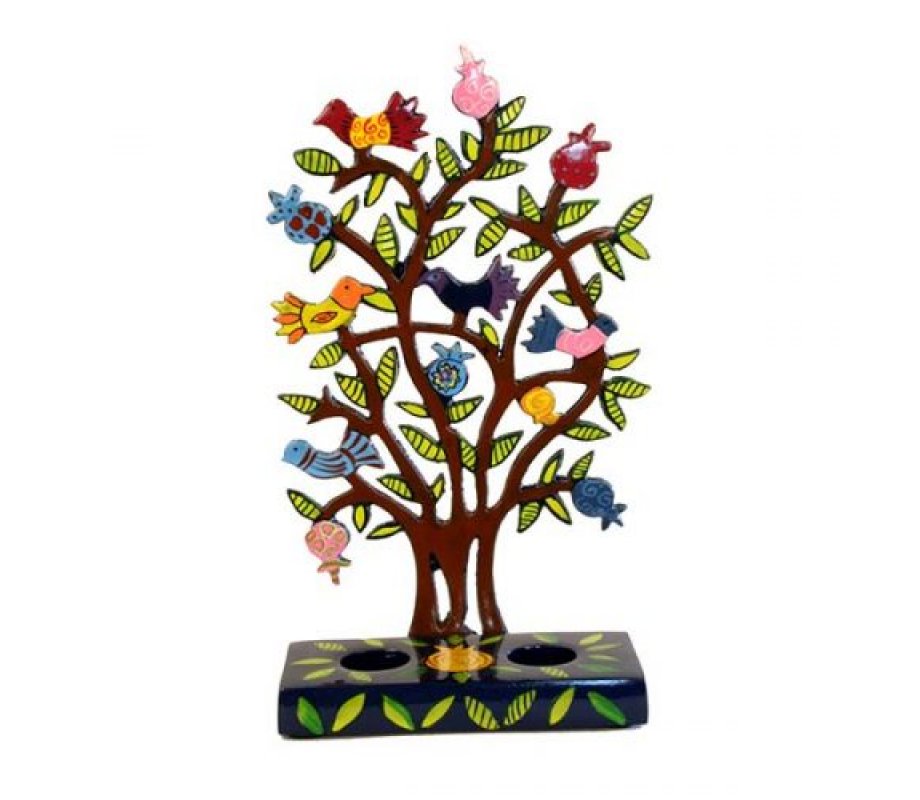 Yair Emanuel Hand Painted Laser Cut Candlesticks – Pomegranate Tree with Birds