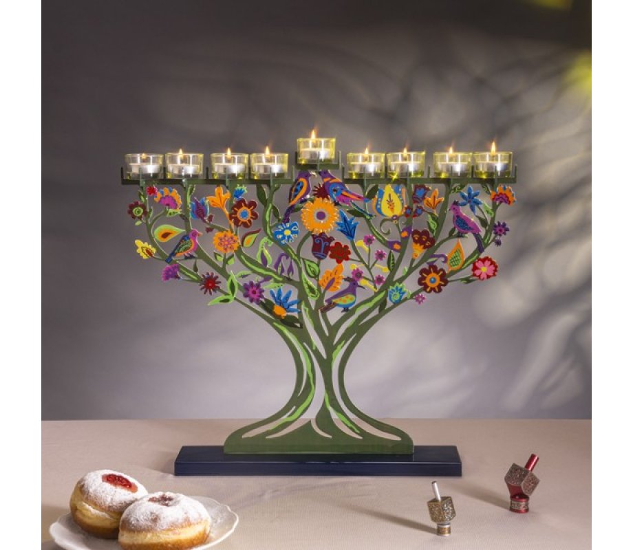 Yair Emanuel Hand Painted Laser Cut Chanukah Menorah, Pastoral Trees and Birds