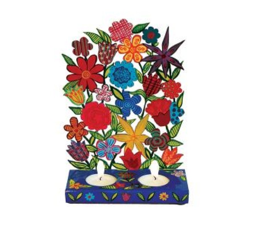 Yair Emanuel Hand Painted Laser Cut Shabbat Candlesticks - Colorful Flowers