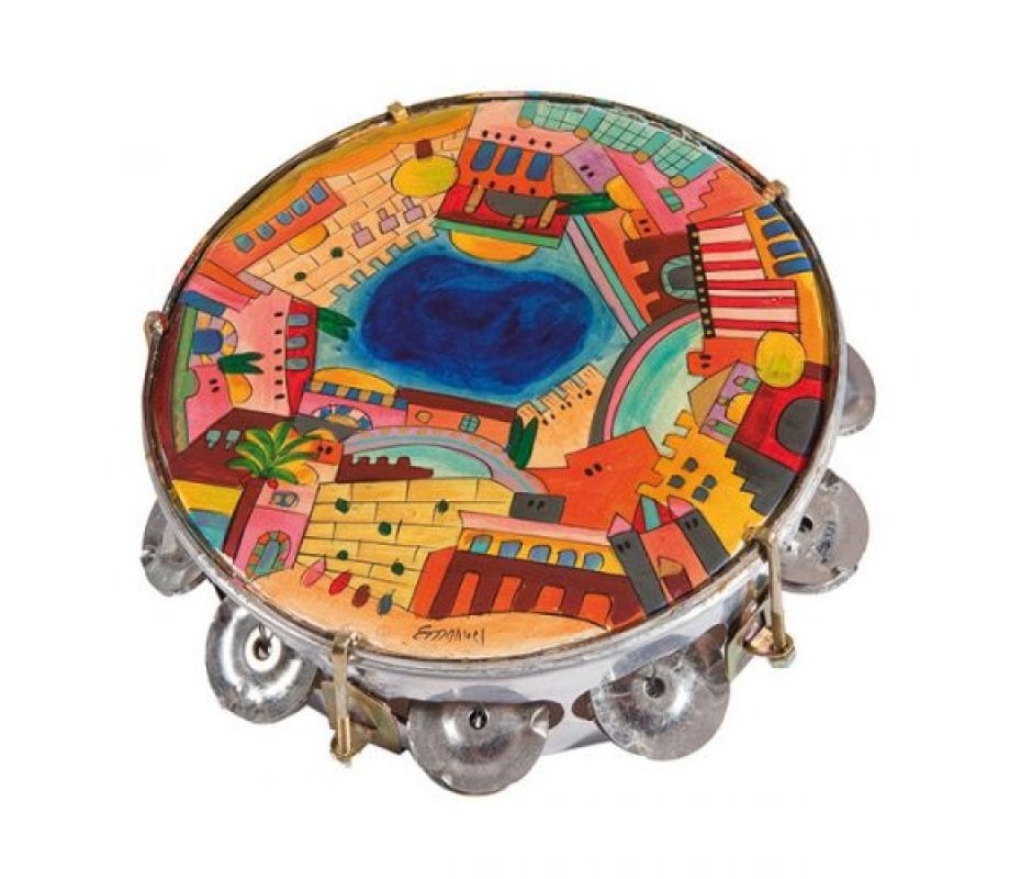 Yair Emanuel, Hand Painted Leather Tambourine  Colorful Jerusalem Images
