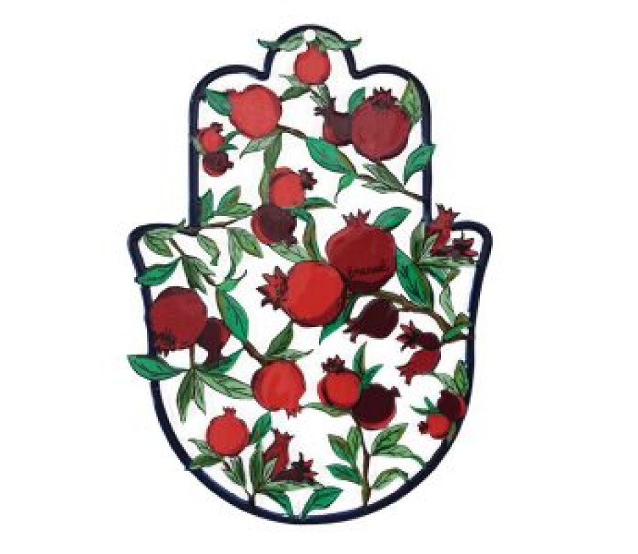 Yair Emanuel Hand Painted Medium Wall Hamsa, Enamel Finish – Red Pomegranates
