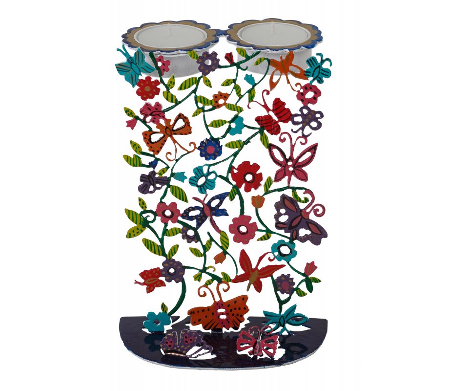 Yair Emanuel Hand Painted Metal Shabbat Candlesticks - Butterflies and Flowers