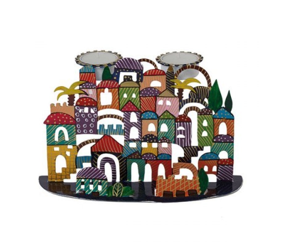 Yair Emanuel Hand Painted Metal Shabbat Candlesticks - Jerusalem