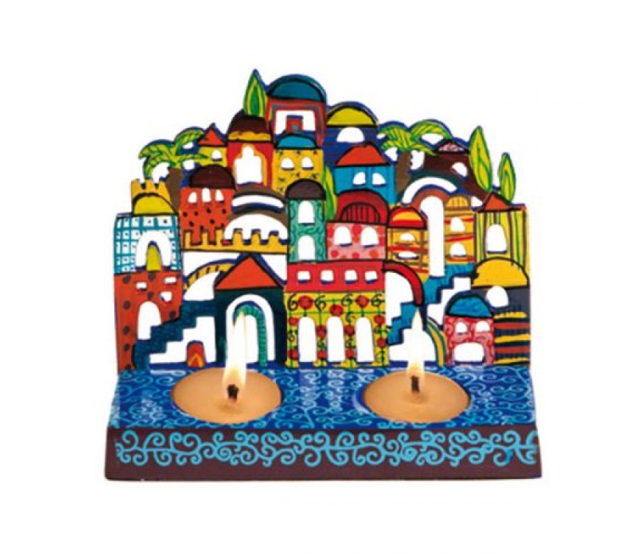 Yair Emanuel Hand Painted Metal Shabbat Candlesticks – Jerusalem