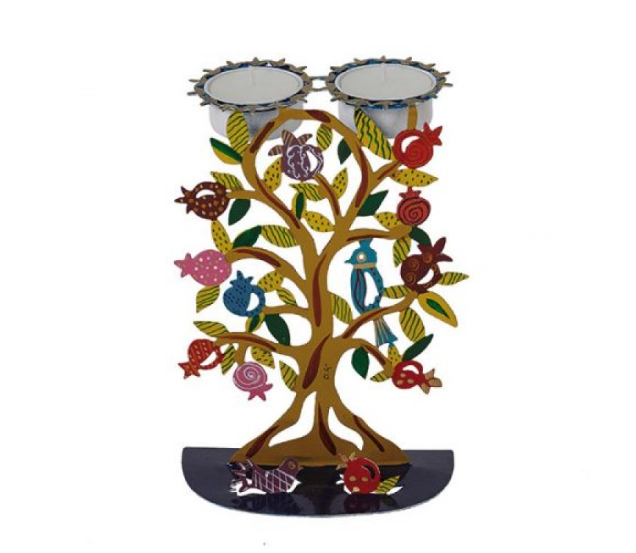 Yair Emanuel Hand Painted Metal Shabbat Candlesticks - Pomegranates