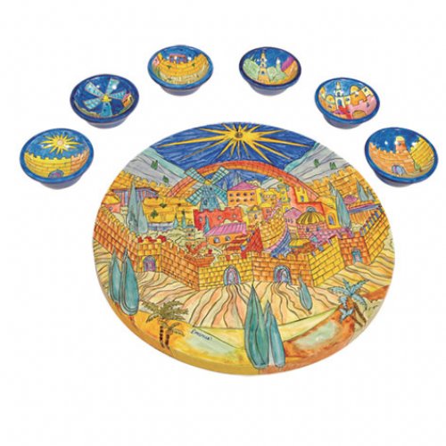 Yair Emanuel Hand Painted Seder Plate with Six Bowls - Jerusalem of Gold