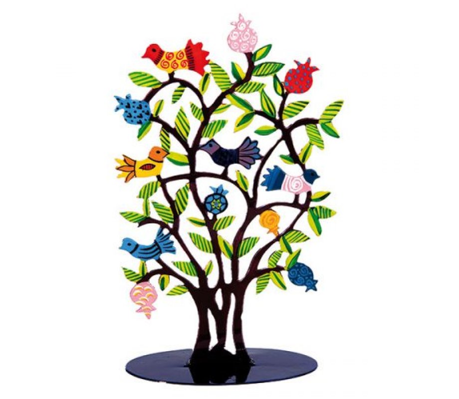 Yair Emanuel Hand Painted Standing Sculpture - Brown Tree, Pomegranates & Birds