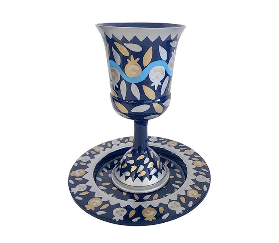 Yair Emanuel Hand Painted Stem Kiddush Cup Set, Swirling Pomegranates - Blue