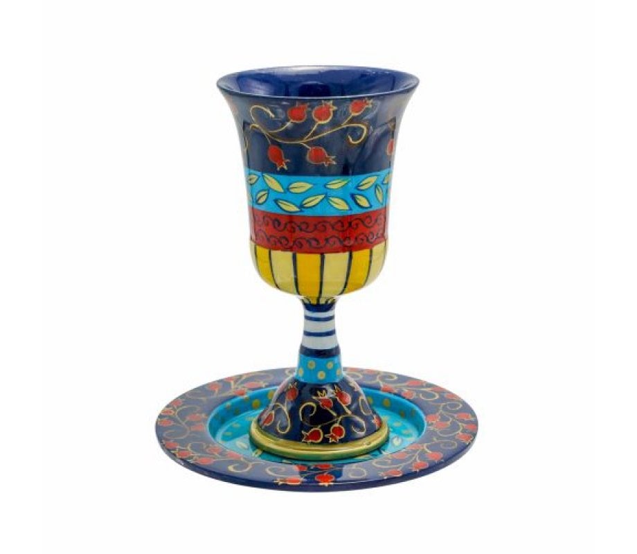 Yair Emanuel Hand Painted Stem Kiddush Cup, Swirling Pomegranates – Multicolor