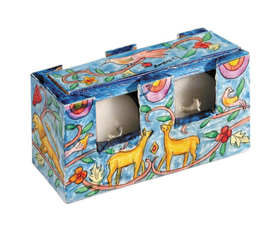 Yair Emanuel Hand Painted Travel Shabbat Candlesticks in Wood Box - Forest Scene