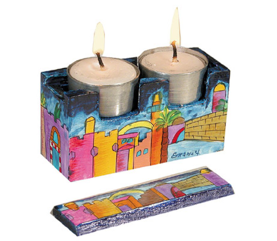 Yair Emanuel Hand Painted Travel Shabbat Candlesticks in Wood Box - Jerusalem