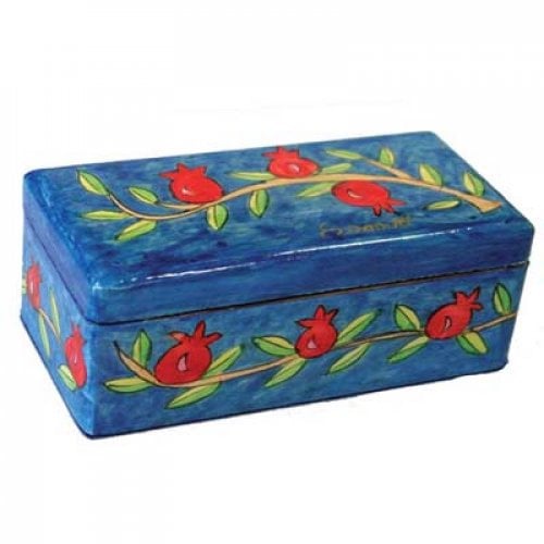 Yair Emanuel Hand Painted Travel Shabbat Candlesticks in Wood Box - Pomegranates