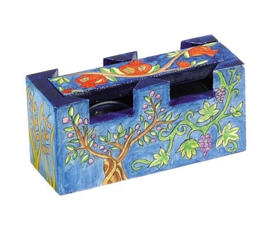 Yair Emanuel Hand Painted Travel Shabbat Candlesticks in Wood Box - Seven Species